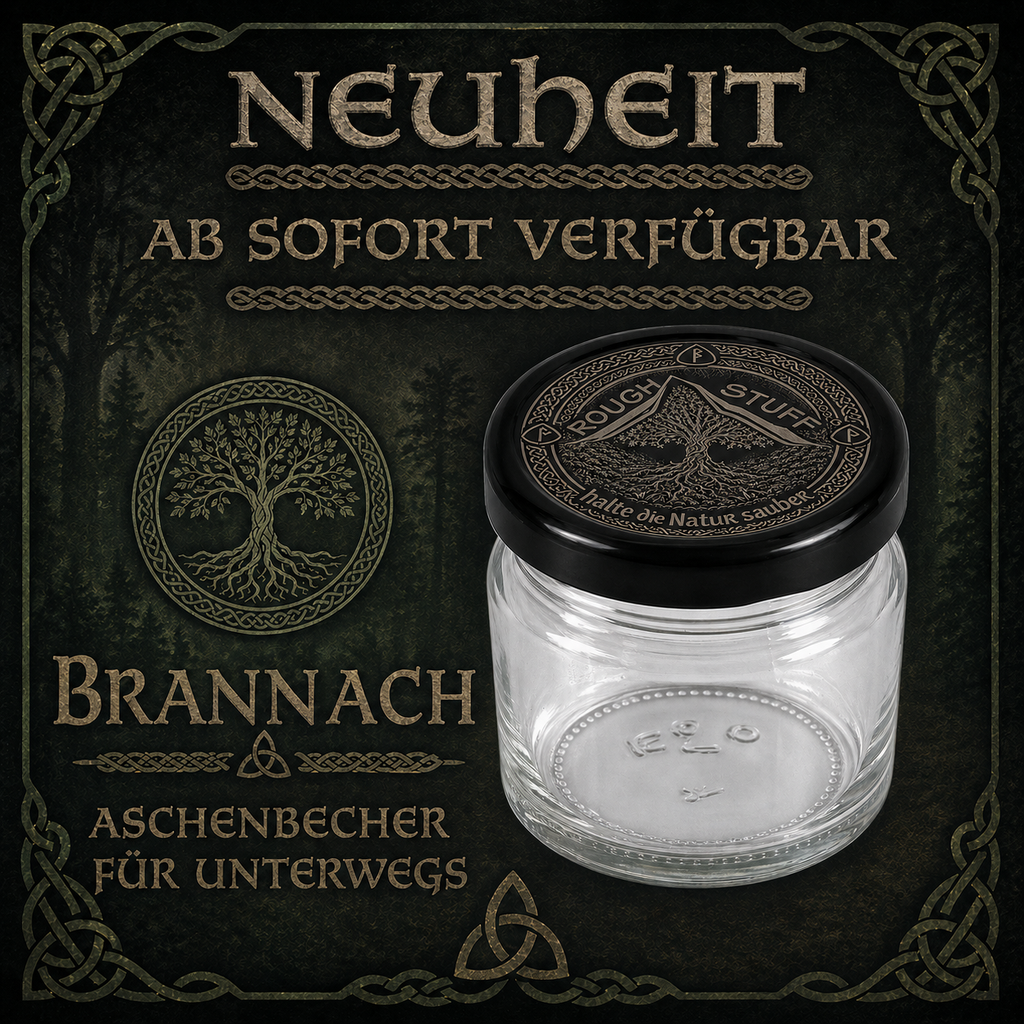 Kompakter Roughstuff Brannach Taschenaschenbecher aus feuerfestem Glas für unterwegs. Der kleine, robuste Aschenbecher im minimalistischen Design eignet sich zur sicheren Aufbewahrung von Zigarettenstummeln und passt bequem in Tasche, Rucksack oder Auto. Nachhaltige und wiederverwendbare Lösung für umweltbewusste Raucher, hergestellt in Deutschland.