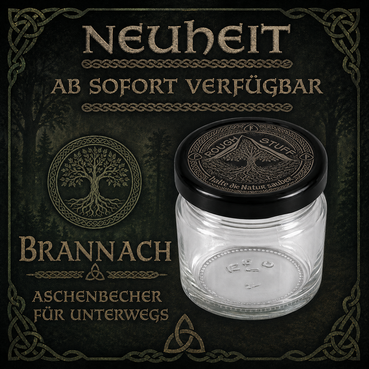 Kompakter Roughstuff Brannach Taschenaschenbecher aus feuerfestem Glas für unterwegs. Der kleine, robuste Aschenbecher im minimalistischen Design eignet sich zur sicheren Aufbewahrung von Zigarettenstummeln und passt bequem in Tasche, Rucksack oder Auto. Nachhaltige und wiederverwendbare Lösung für umweltbewusste Raucher, hergestellt in Deutschland.