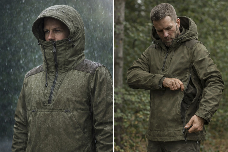 Robuster Roughstuff Bollwerk Loden-Anorak aus schwerem 700g Lodenstoff für Outdoor-Abenteuer, Bushcraft, Jagd und Wintertouren. Der lange, weit geschnittene Anorak besitzt eine große Kapuze mit Kordelzug, verstärkte Schultern und Ärmel aus gewachster Baumwolle sowie eine große Kängurutasche. Wind- und wasserabweisendes Naturmaterial in funktionalem Outdoor-Design für kalte und anspruchsvolle Wetterbedingungen.