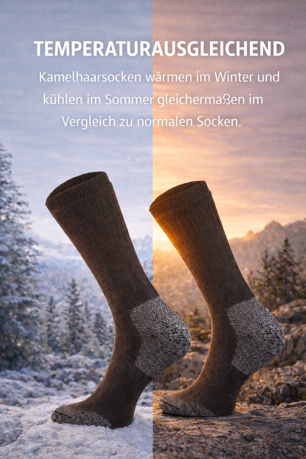 Warme Kamelhaarsocken aus Merino- und Baby-Kamelwolle für Alltag, Arbeit und Outdoor-Aktivitäten. Rundgestrickte Naturfasersocken mit weicher, nahtarmer Verarbeitung für hohen Tragekomfort, trockene Füße und natürliche Wärmeisolierung. Strapazierfähige und geruchshemmende Wintersocken in funktionalem Design für Wandern, Arbeitsschuhe und kalte Tage.