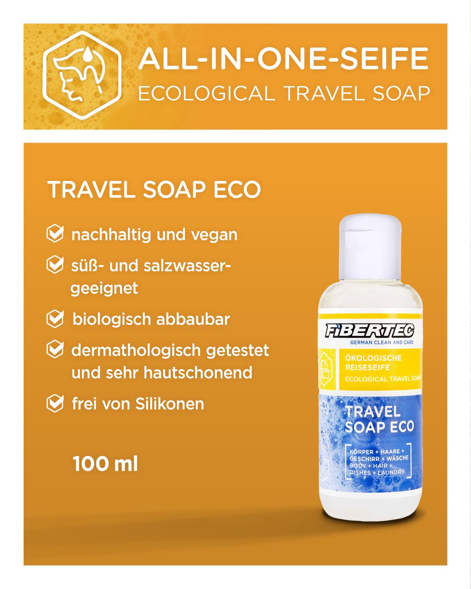 Fibertec Travel Soap Eco – vielseitige Outdoor-Seife für Körper, Haare, Kleidung und Geschirr. Hochkonzentrierte, biologisch abbaubare Reise-Seife mit hautneutralem pH-Wert 5,5 und Dexpanthenol für sanfte Pflege. Geeignet für Süß- und Salzwasser, vegan sowie frei von Mikroplastik, Silikon und Paraffin – ideal für Camping, Trekking und Reisen.
