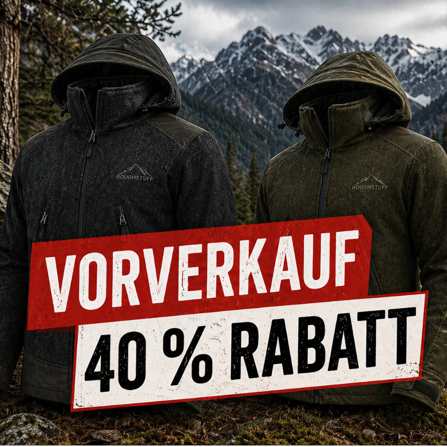 Roughstuff Winterwarg Herren-Lodenjacke aus massivem 580g Lodenstoff für Winter, Outdoor und Jagd. Robuste Winterjacke mit hoher Wärmeisolierung, großer Kapuze mit Schild, hohem Kragen und verstärkten Bereichen aus gewachster Baumwolle an Schultern, Rücken und Ärmeln. Funktionales Outdoor-Design für kalte, windige und anspruchsvolle Wetterbedingungen.