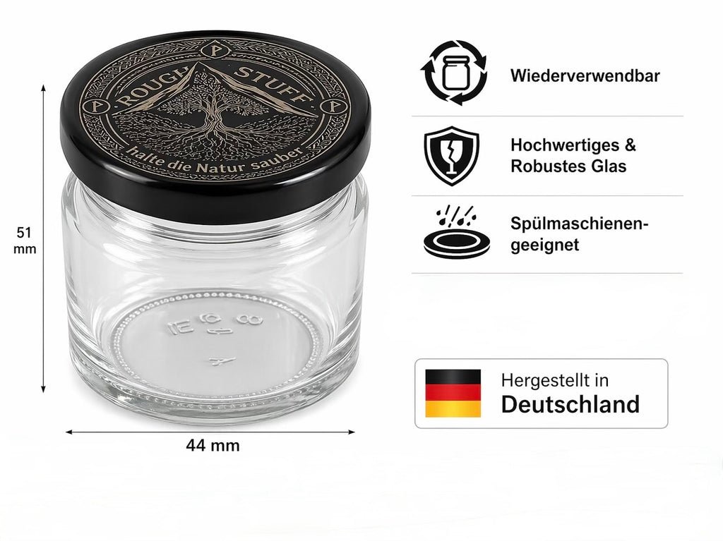 Kompakter Roughstuff Brannach Taschenaschenbecher aus feuerfestem Glas für unterwegs. Der kleine, robuste Aschenbecher im minimalistischen Design eignet sich zur sicheren Aufbewahrung von Zigarettenstummeln und passt bequem in Tasche, Rucksack oder Auto. Nachhaltige und wiederverwendbare Lösung für umweltbewusste Raucher, hergestellt in Deutschland.