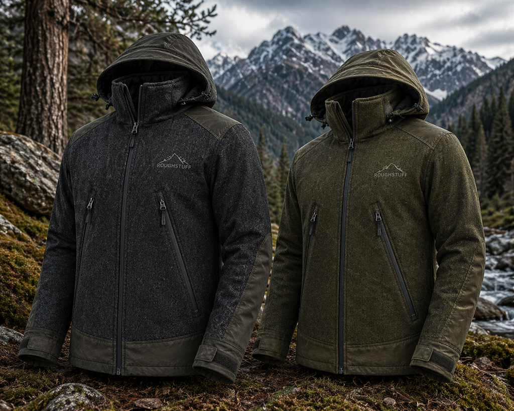Roughstuff Winterwarg Herren-Lodenjacke aus massivem 580g Lodenstoff für Winter, Outdoor und Jagd. Robuste Winterjacke mit hoher Wärmeisolierung, großer Kapuze mit Schild, hohem Kragen und verstärkten Bereichen aus gewachster Baumwolle an Schultern, Rücken und Ärmeln. Funktionales Outdoor-Design für kalte, windige und anspruchsvolle Wetterbedingungen.