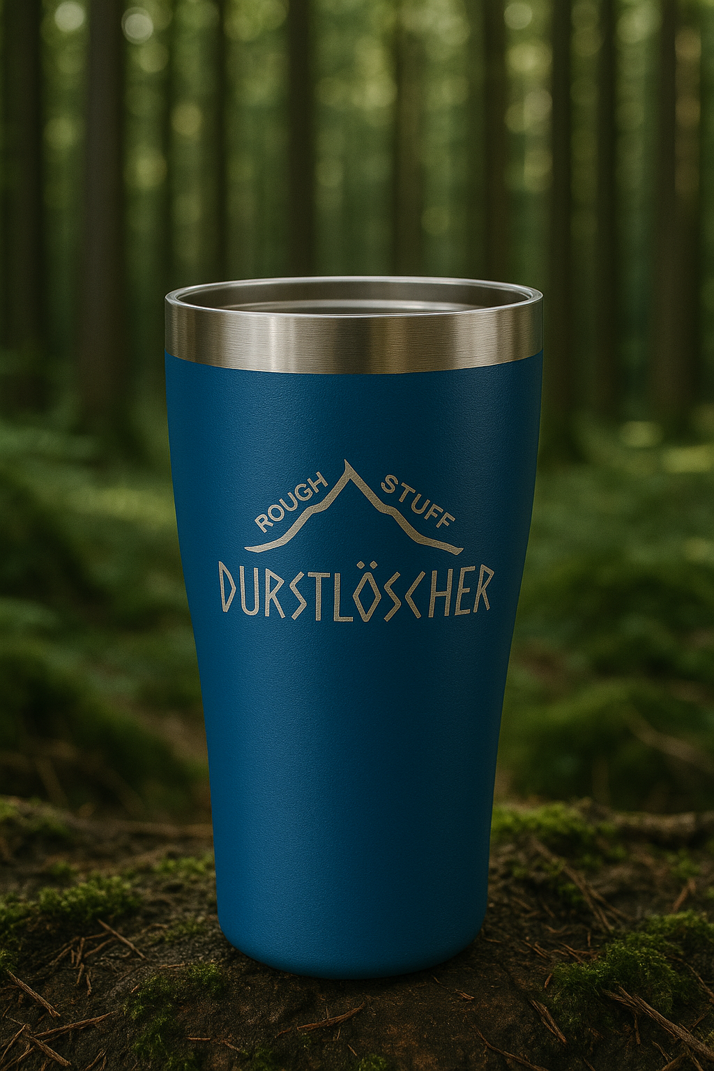 Roughstuff Durstlöscher Edelstahlbecher in limitierter Auflage mit doppelwandiger Isolierung für heiße und kalte Getränke. Robuster BPA-freier Thermobecher aus pulverbeschichtetem Edelstahl mit Roughstuff-Gravur, ideal für Camping, Bushcraft, Angeln, Reisen und Outdoor-Abenteuer. Hochwertiger Outdoor-Becher mit langlebiger Wärme- und Kälteisolierung. Farbe Blau