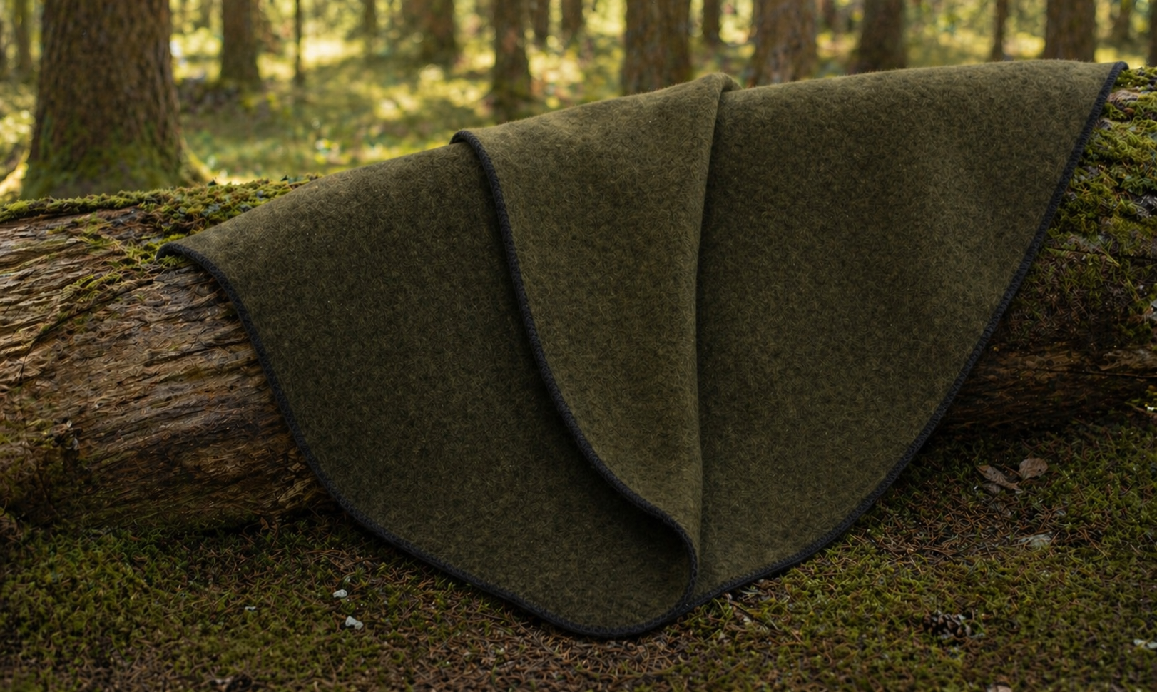 Hochwertige Roughstuff Traumwächter Wolldecke aus regionaler Merinowolle süddeutscher Schafe. Voluminöse und weiche Naturdecke für Indoor- und Outdoor-Einsatz, erhältlich in Olivgrün mit schwarzem Rand. Nachhaltig produziert mit nahezu vollständiger Herstellung in Deutschland, ideal für Sofa, Lagerfeuer und Naturabenteuer.