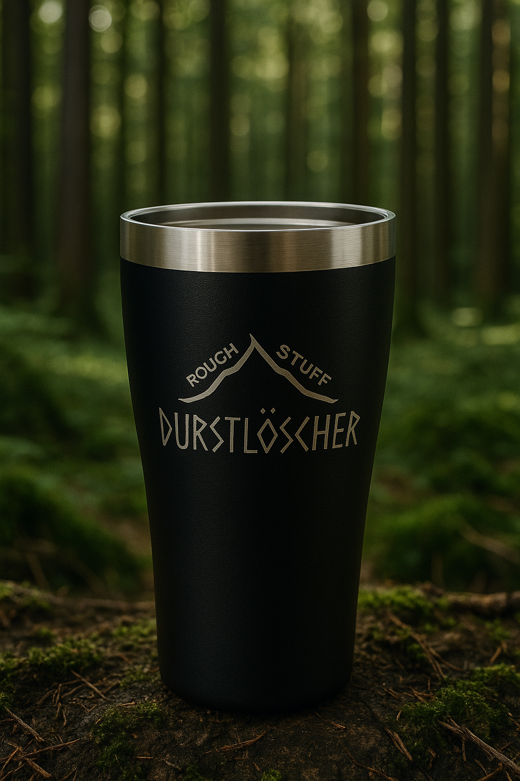 Roughstuff Durstlöscher Edelstahlbecher in limitierter Auflage mit doppelwandiger Isolierung für heiße und kalte Getränke. Robuster BPA-freier Thermobecher aus pulverbeschichtetem Edelstahl mit Roughstuff-Gravur, ideal für Camping, Bushcraft, Angeln, Reisen und Outdoor-Abenteuer. Hochwertiger Outdoor-Becher mit langlebiger Wärme- und Kälteisolierung. Farbe Schwarz